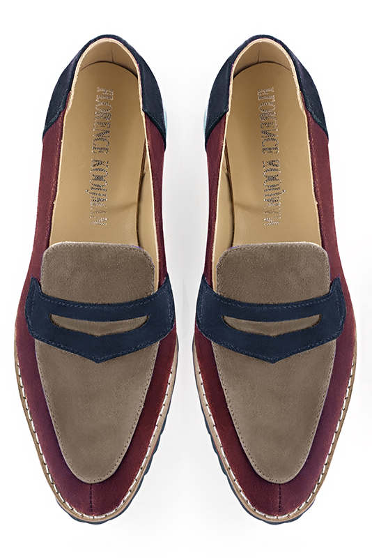 Wine red, tan beige and navy blue women's casual loafers. Round toe. Flat rubber soles. Top view - Florence KOOIJMAN